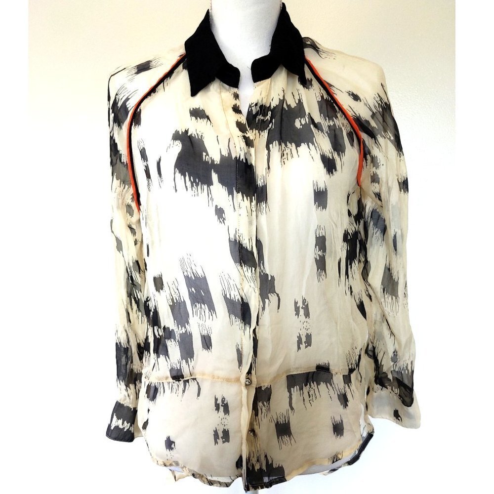 Line & Dot Abstract 100% Silk Button Up  Blouse